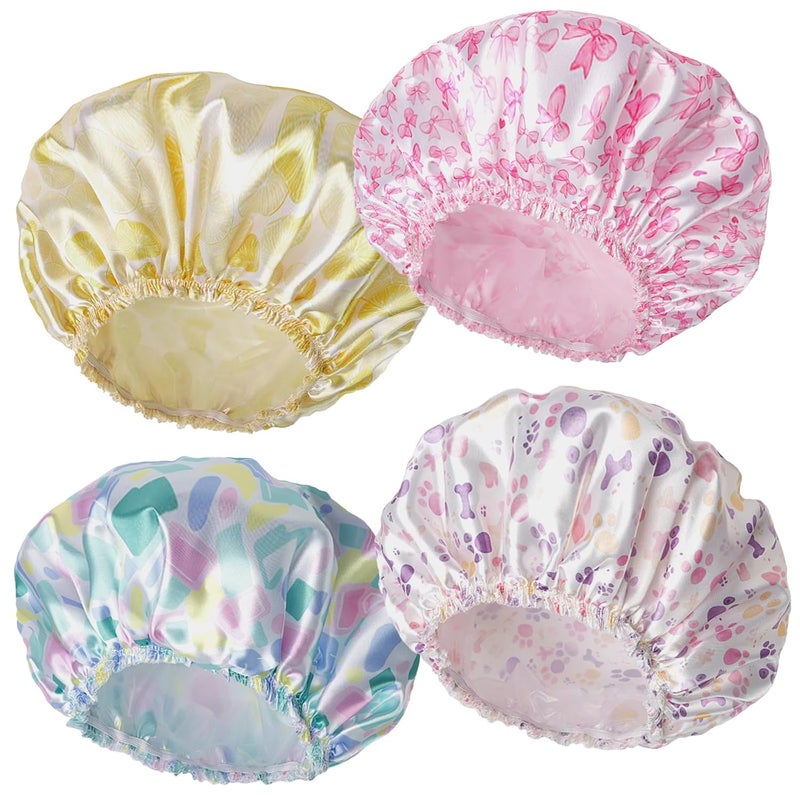 CHFONG Shower Caps for Women, 4 PCS Elastic and Reusable Bath Caps, Double Layers Shower Cap Reusable Waterproof, Bathing Shower Caps, Environmental Bath Hair Protection Cap - Bow - Image 1